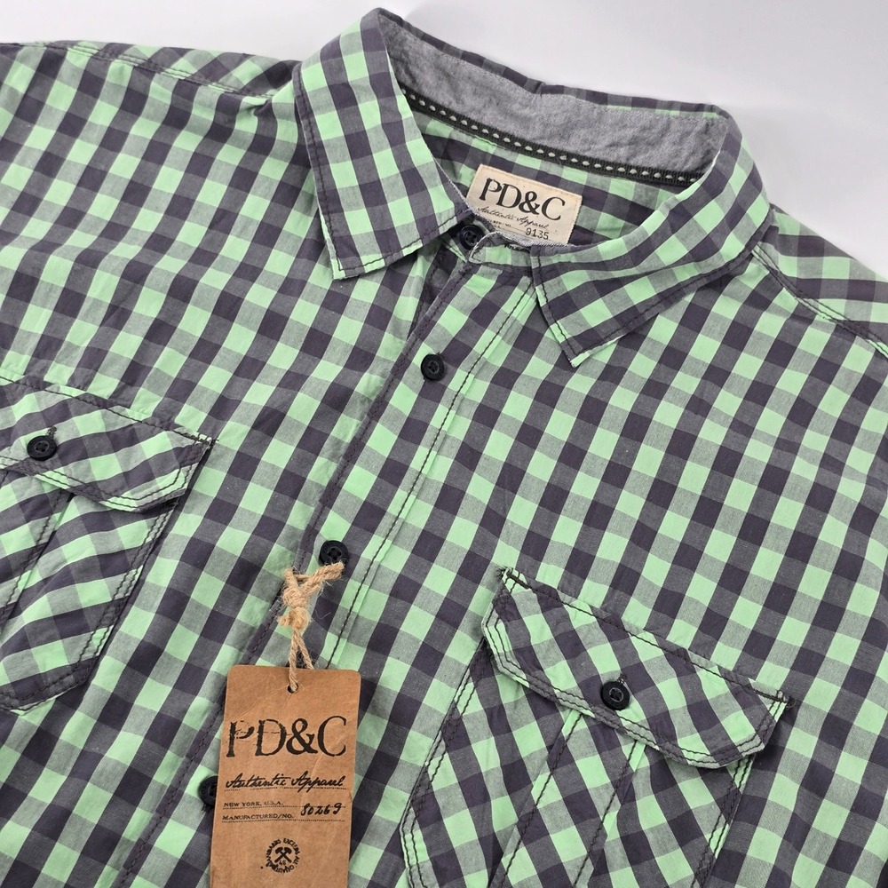 PD&C Button Down Shirt Mens XL Green Gingham Check Short Sleeve Cotton New